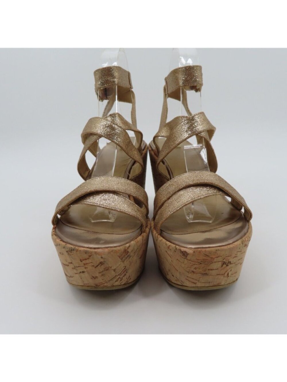 Stuart Weitzman Women 9M Gold Glitter Cork Platform Wedge Sandals Strappy Shoes - Picture 4 of 13